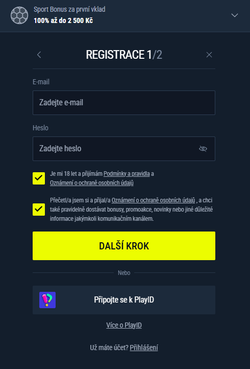 Rabona Casino – registrační formulář pro nové hráče, krok 1 ze 2